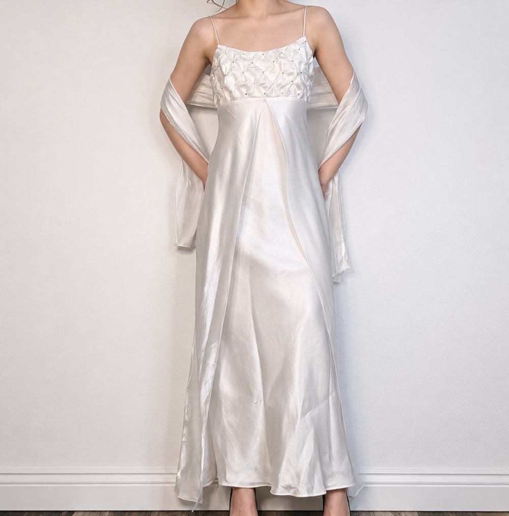 Vintage Satin Formal Dress Fairycore Prom Slip Gown With Wrap Graduation XXS